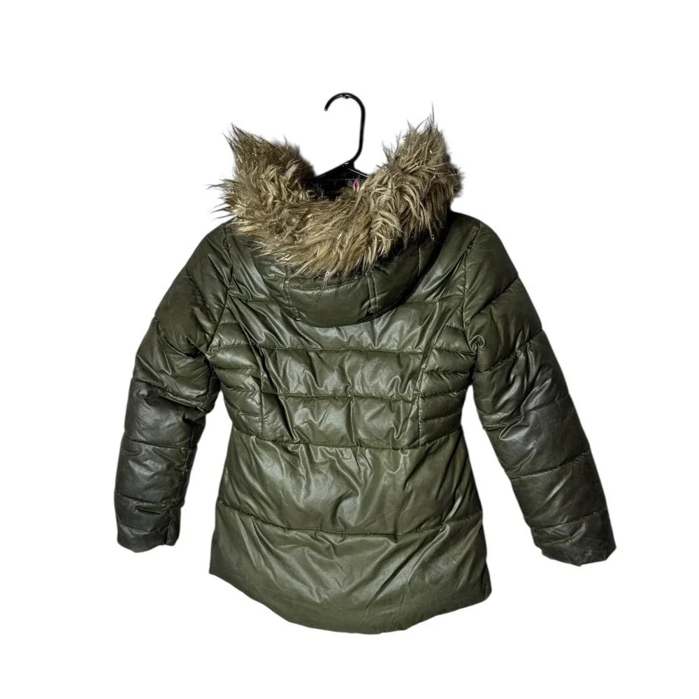 Michael Kors Girls Puffer Jacket‎ 8 Green Pink Zipper Faux Fur Hood Logo Gold